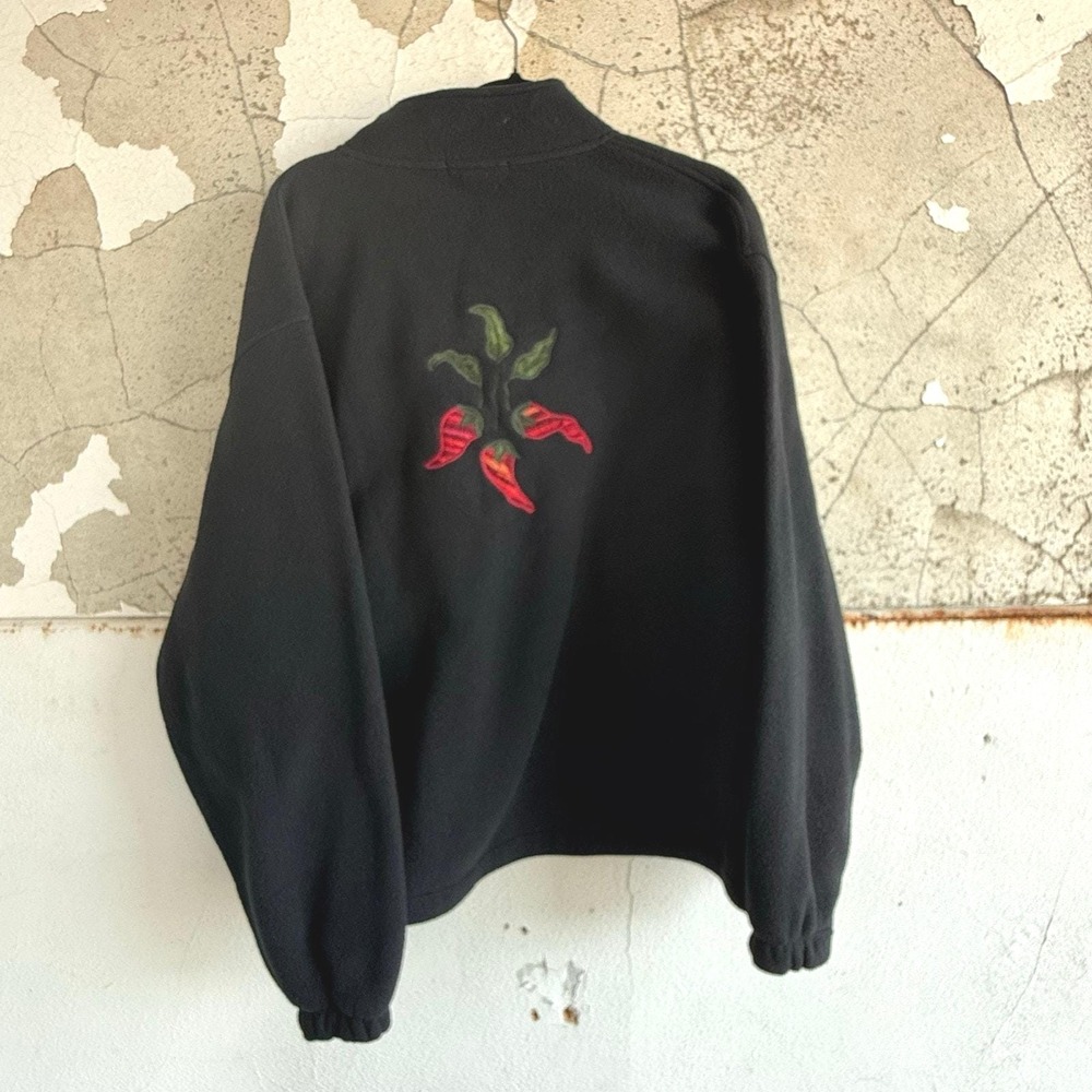 Vintage Fleece Jacket Quarter Zip Pullover Embroidered Chili Peppers Retro 90s